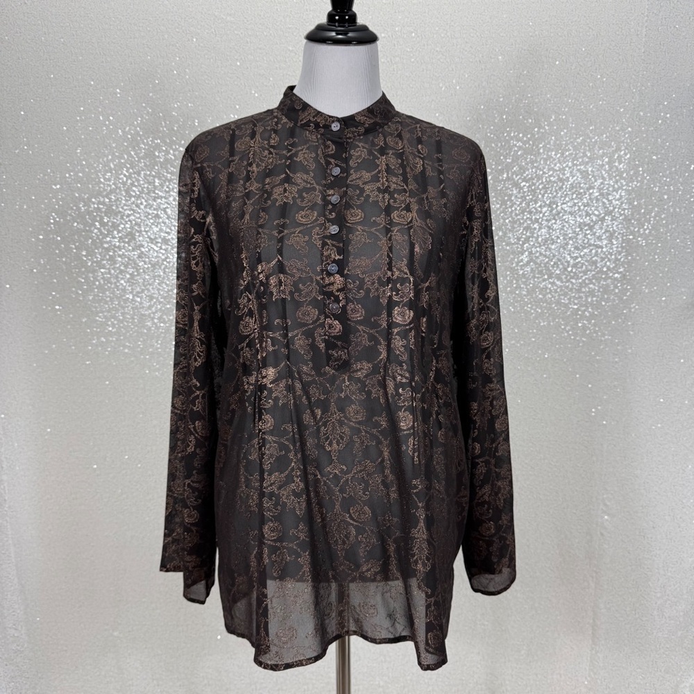 Chico’s 100% Silk Sheer Tunic Blouse Size 2 Black Bronze Floral Long Sleeve - Picture 10 of 10